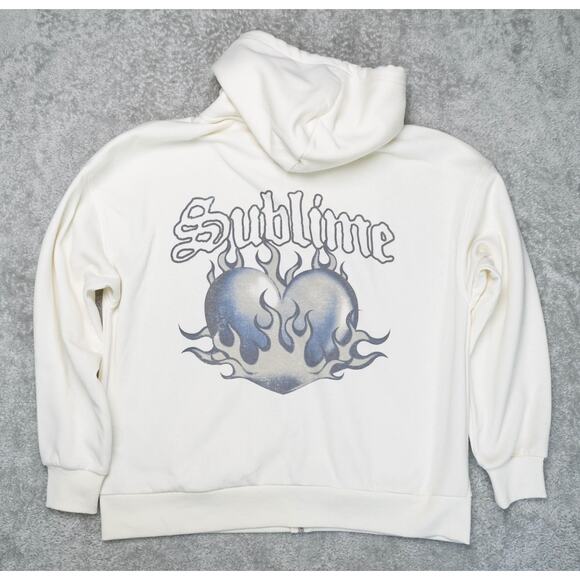 H&M Sublime Ivory Blue Logo Heart Sweatshirt Hoodie Full Zip Womens Size M - Picture 1 of 13